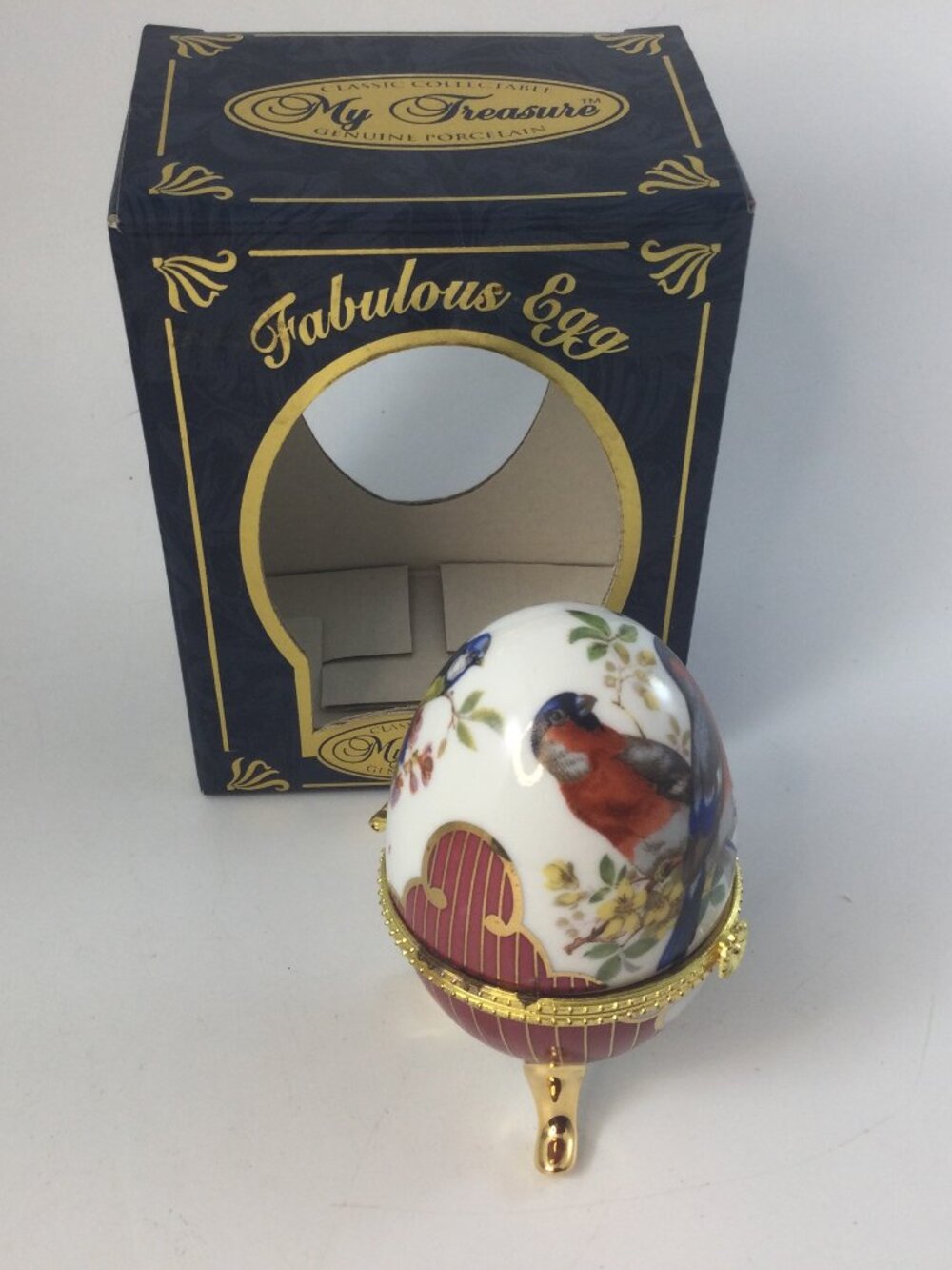 My Treasure Fabulous Egg Porcelain Trinket Box Painted Bird and Flowers 3.5" H